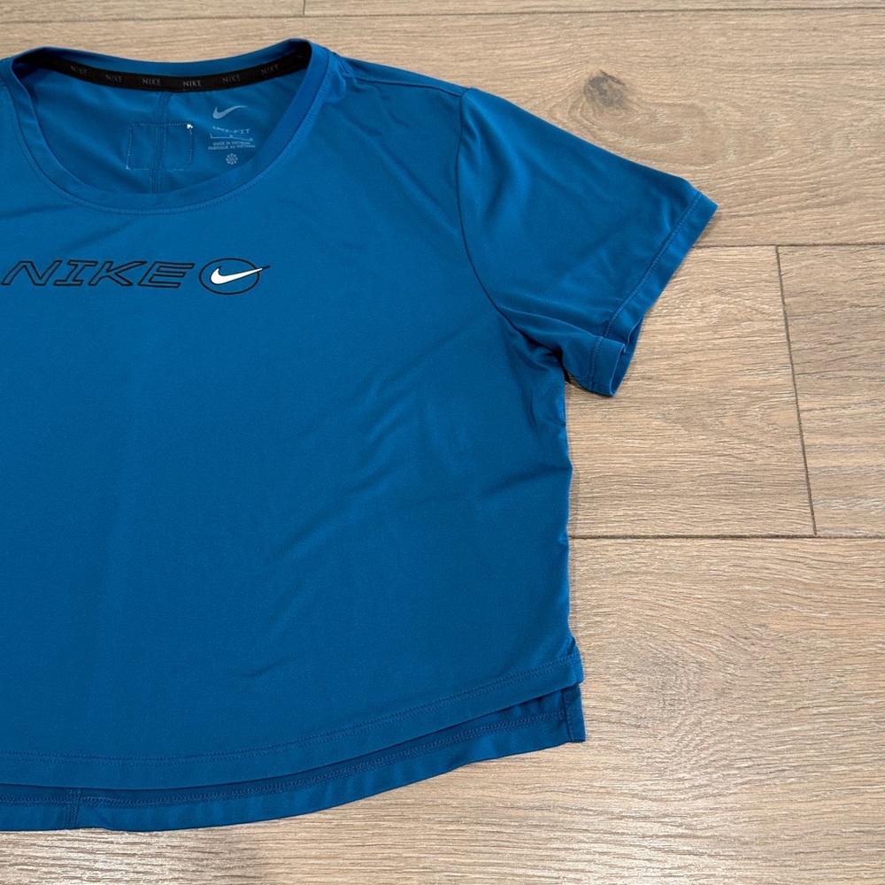 NIKE Teal Blue Dri-Fit One Icon Clash Cropped Short Sleeve T-Shirt Top‎ Size L - Picture 5 of 13